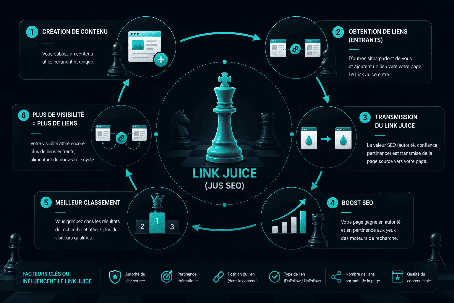 Infographie du cycle du Link Juice en SEO avec stratégie de netlinking et pièces d’échecs.