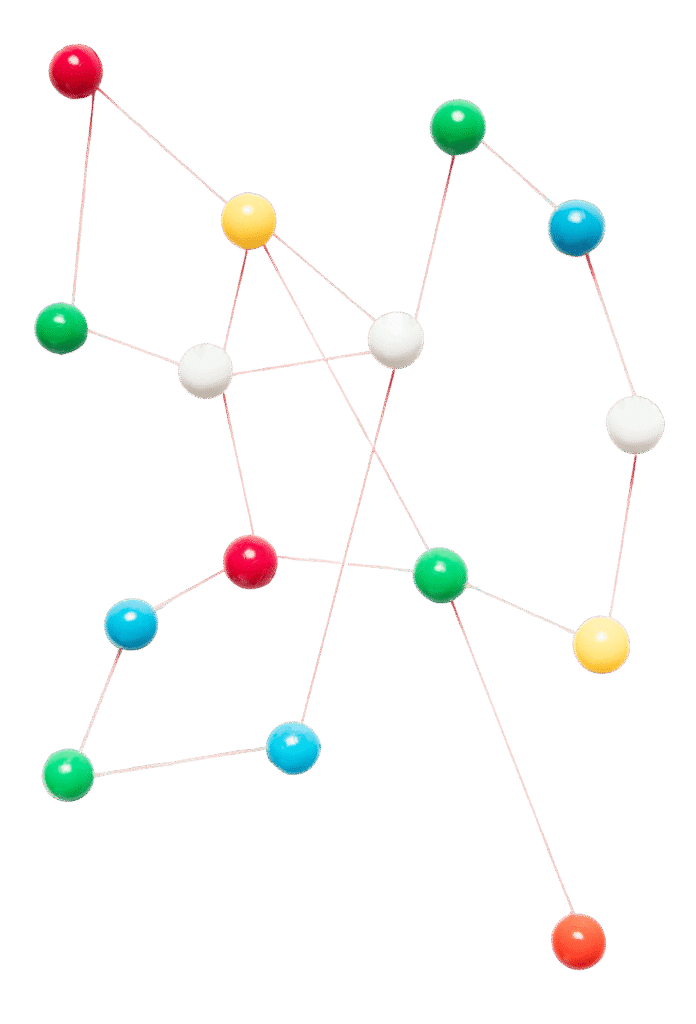 Schéma abstrait représentant un réseau de connexions SEO et de netlinking entre plusieurs nœuds colorés.