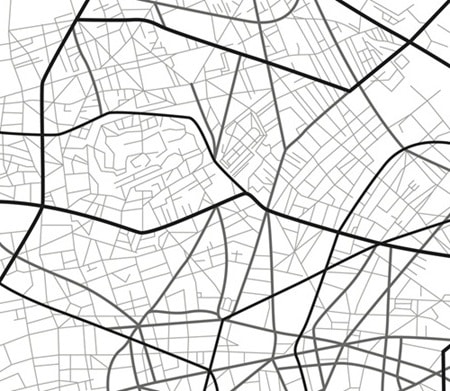 Carte urbaine minimaliste représentant une stratégie de référencement local SEO et la visibilité locale sur Google Maps.