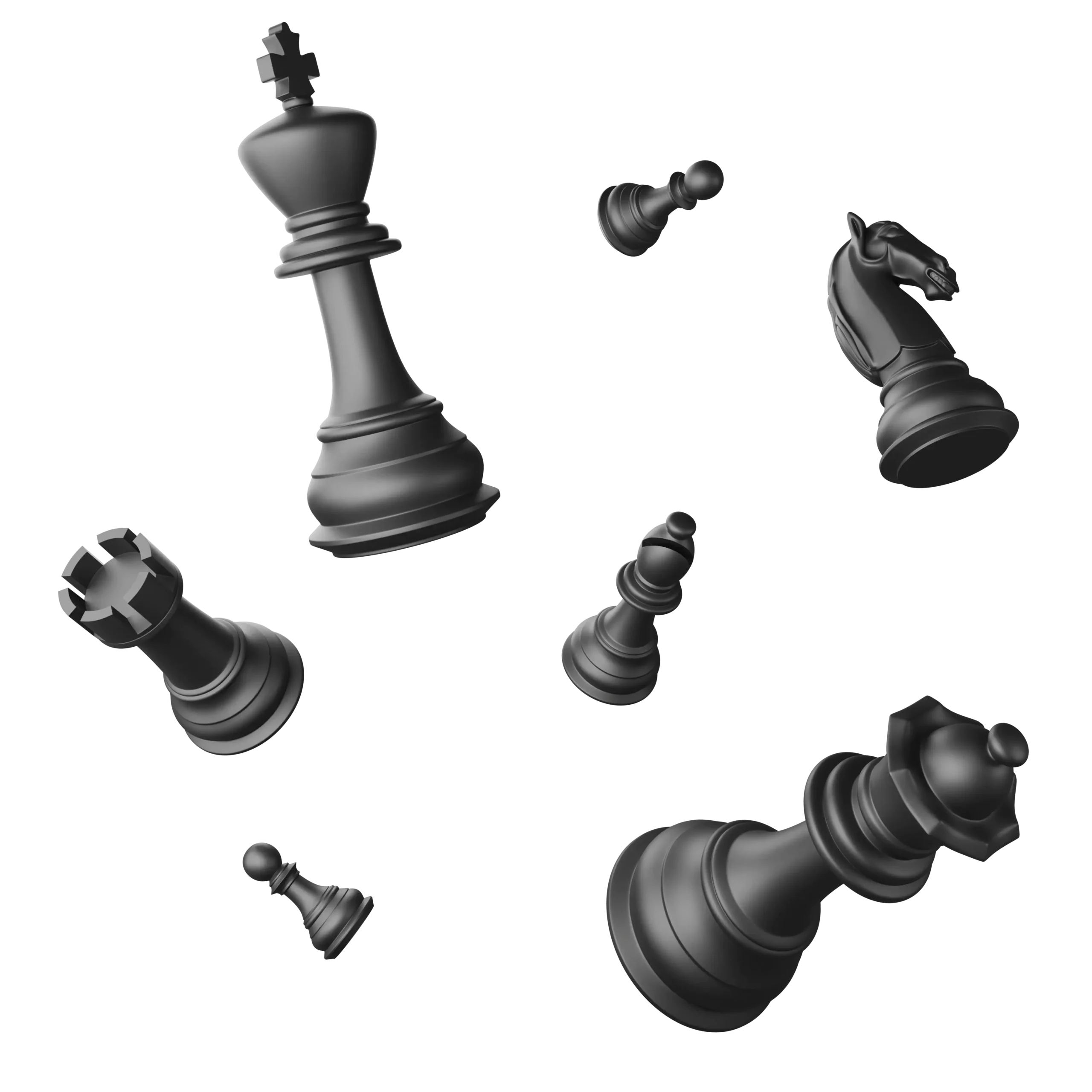 Pièces d'échecs 3D en chute libre illustrant la stratégie SEO d'une agence seo pour dominer Google